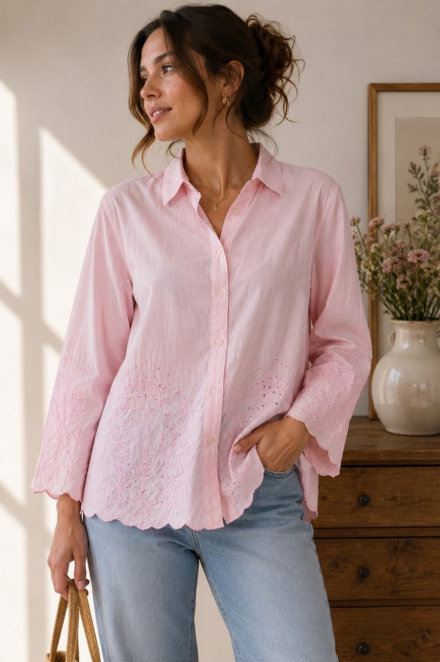 Goodclothes Pink Embroidered Button Down Shirt Women L Scallop Hem Cottagecore